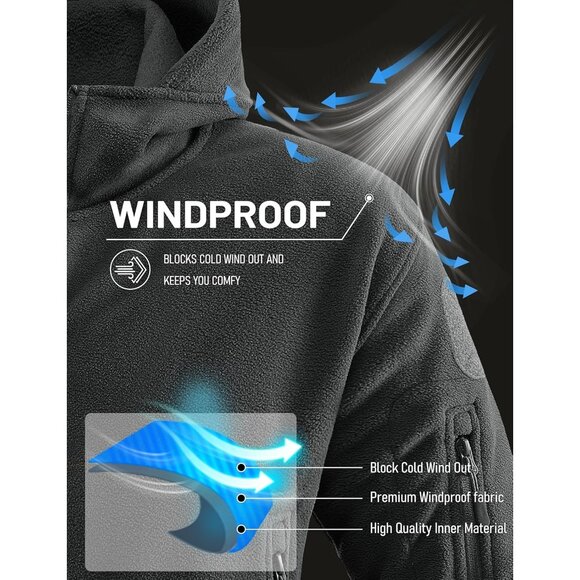 Men's Gray Fleece Jacket Black Hoodies Winter Coats Windproof Hoodies - Picture 2 of 7